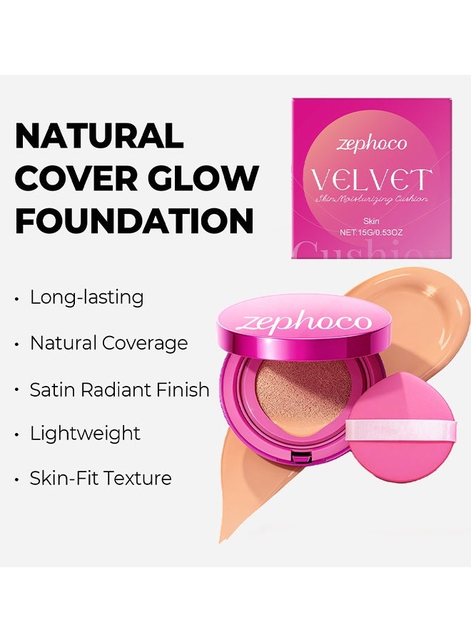 zephoco Velvet Skin Moisturizing Cushion, Pink Glow Cushion Foundation, Easy Coverage, Natural Dewy Glow Finish, Moisturizing For Dry Skin, Lightweight, Long-Lasting & Oxidation-Resistant And High Coverage (Skin) - Image 3